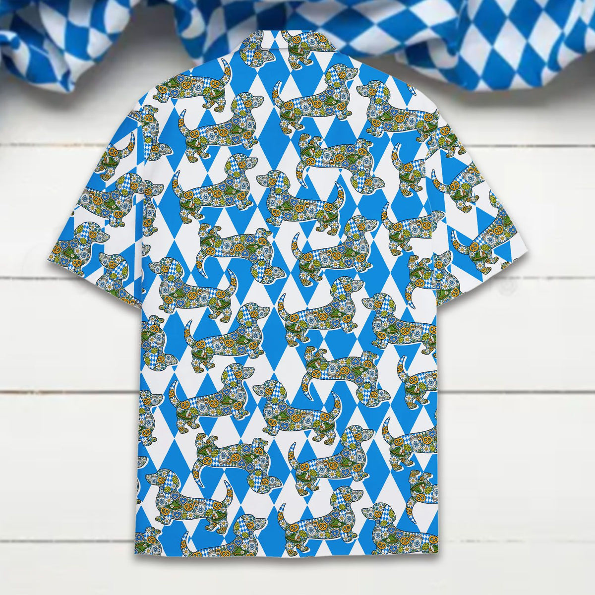 Close up front view of the geometric blue and white dog hawaiian shirt