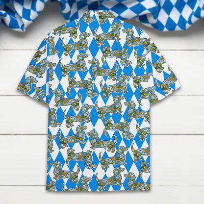 Close up front view of the geometric blue and white dog hawaiian shirt