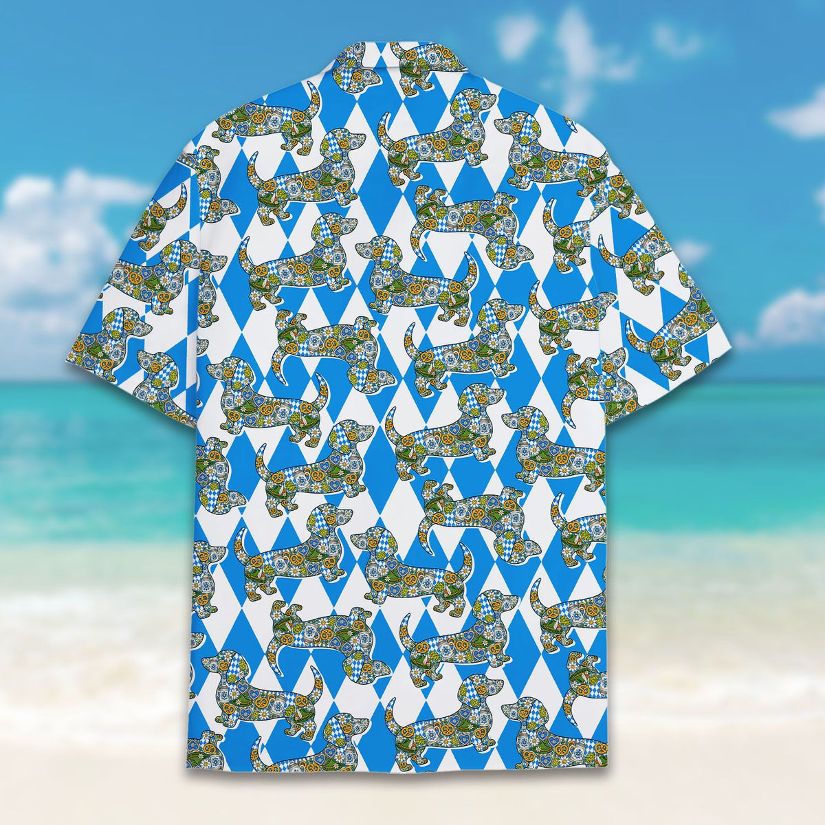 Detailed front view of the dachshund dog hawaiian shirt collar and buttons