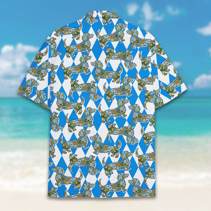 Detailed front view of the dachshund dog hawaiian shirt collar and buttons