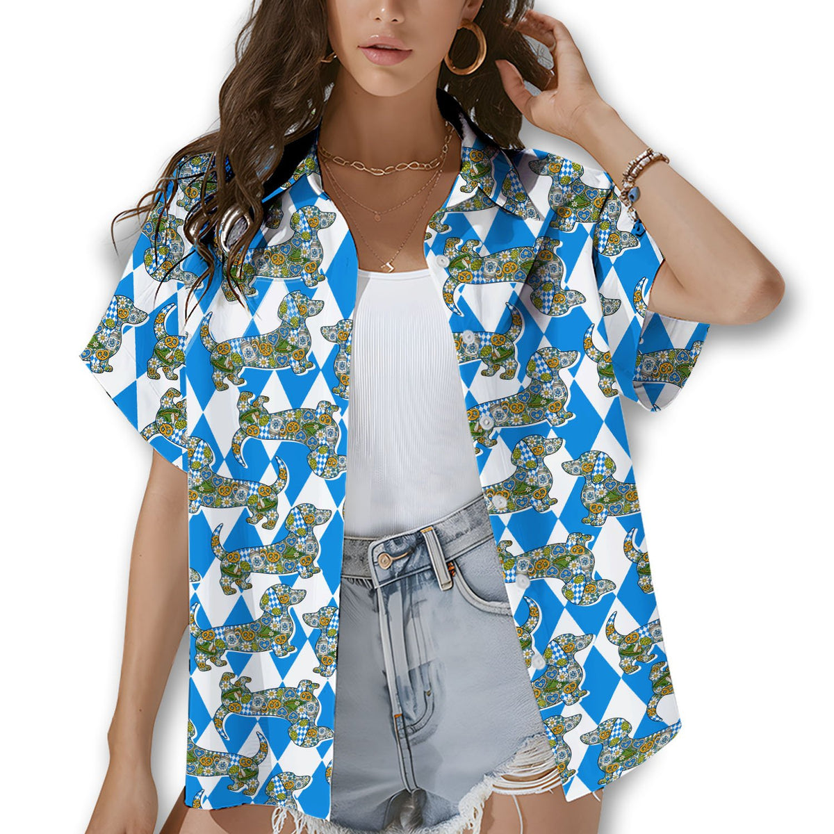 Another front angle of the matching family hawaiian shirt with dog motifs