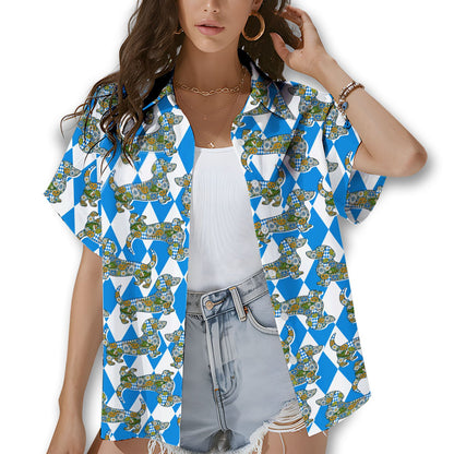 Another front angle of the matching family hawaiian shirt with dog motifs