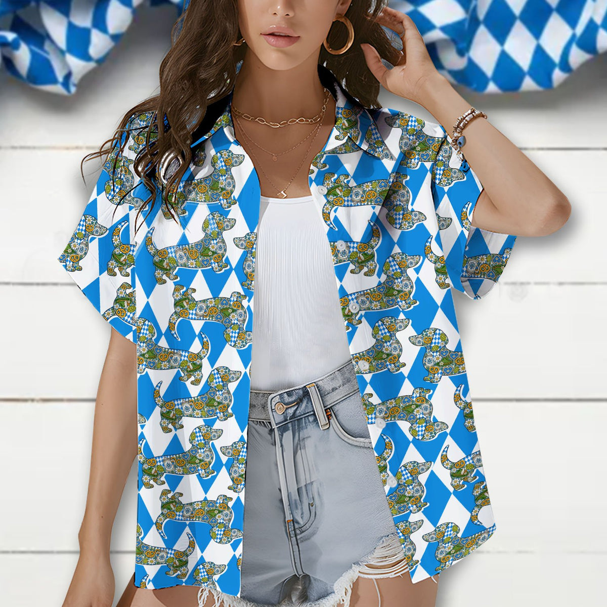 Lower front detail of the blue and white harlequin dog hawaiian shirt