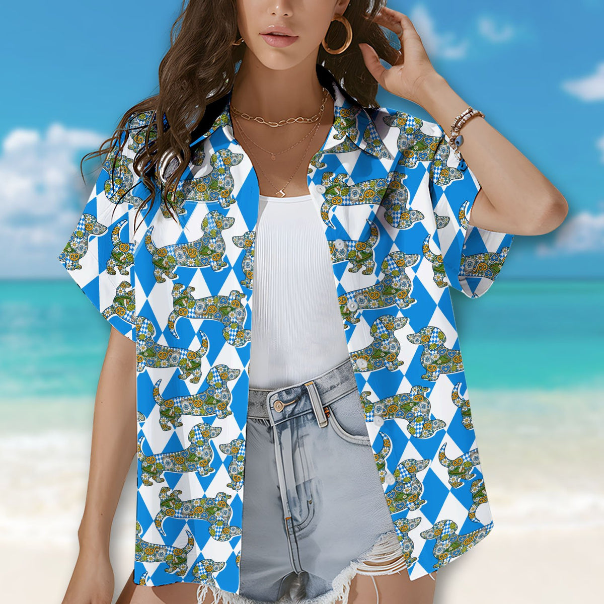 Full front view of the matching family hawaiian shirt on a flat surface