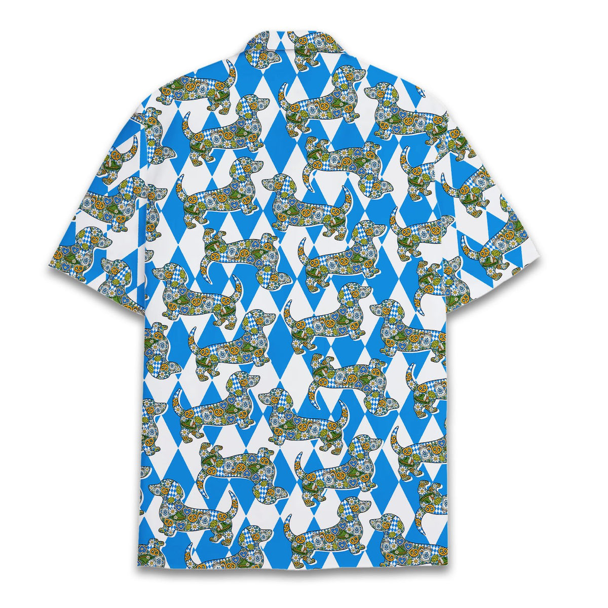 Dachshund dog hawaiian shirt with blue and white harlequin pattern, main view