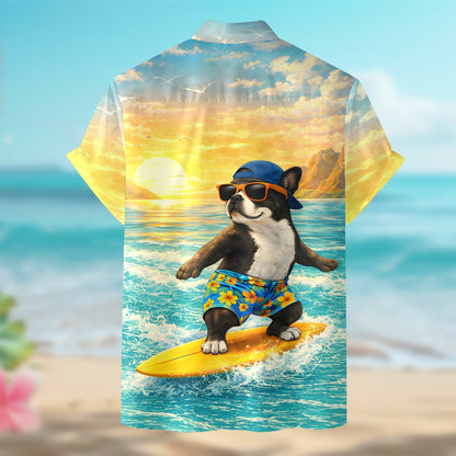 Alternative back view of the dog surfing hawaiian shirt