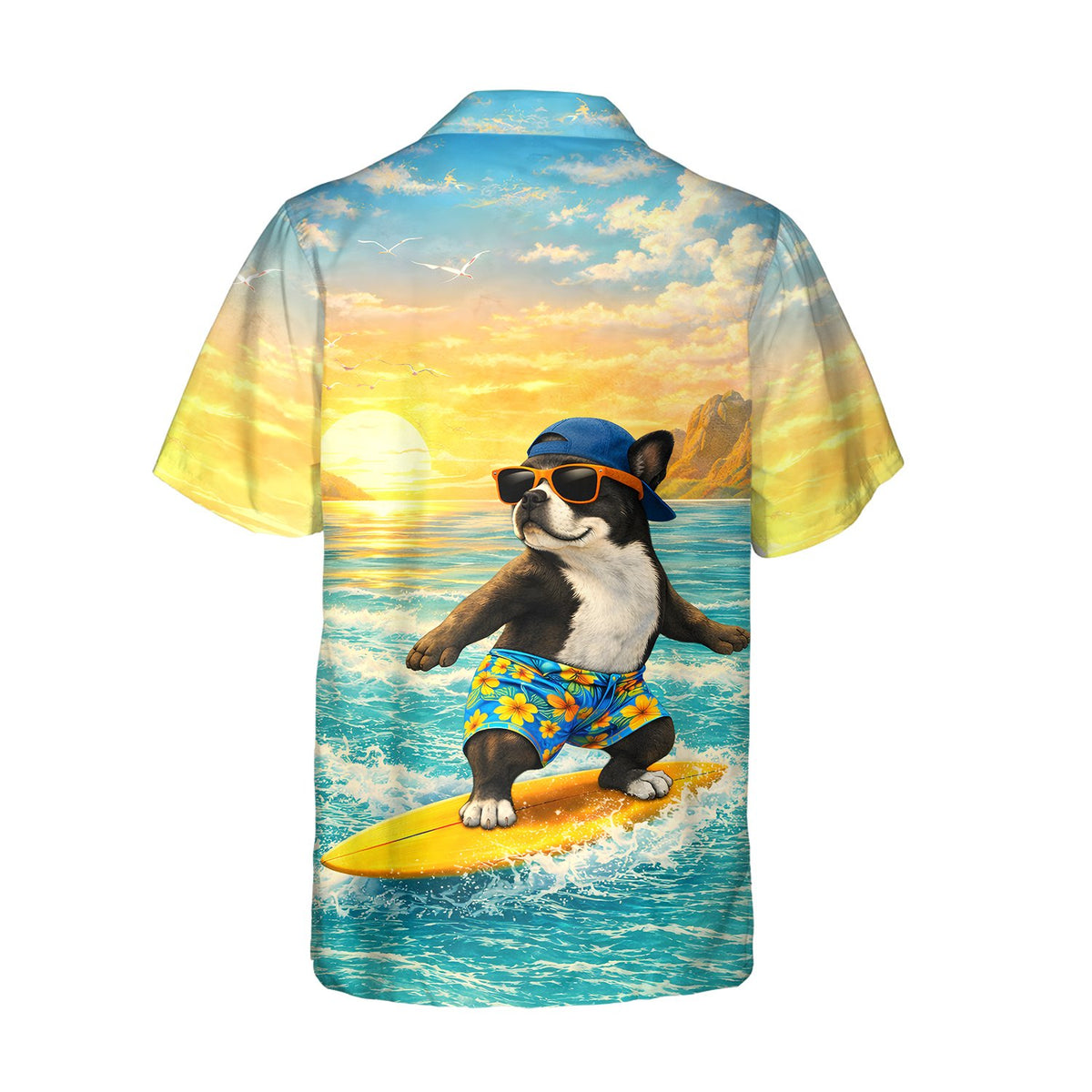 Back view of the matching family hawaiian shirt with surfing dog design