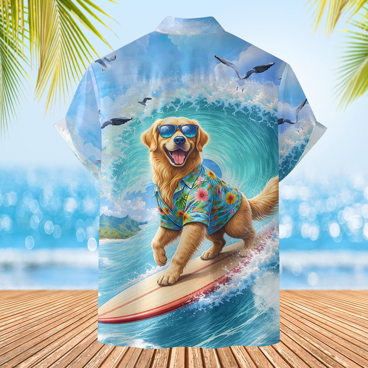 Back view of the matching family Hawaiian shirt showcasing the continuous ocean wave pattern