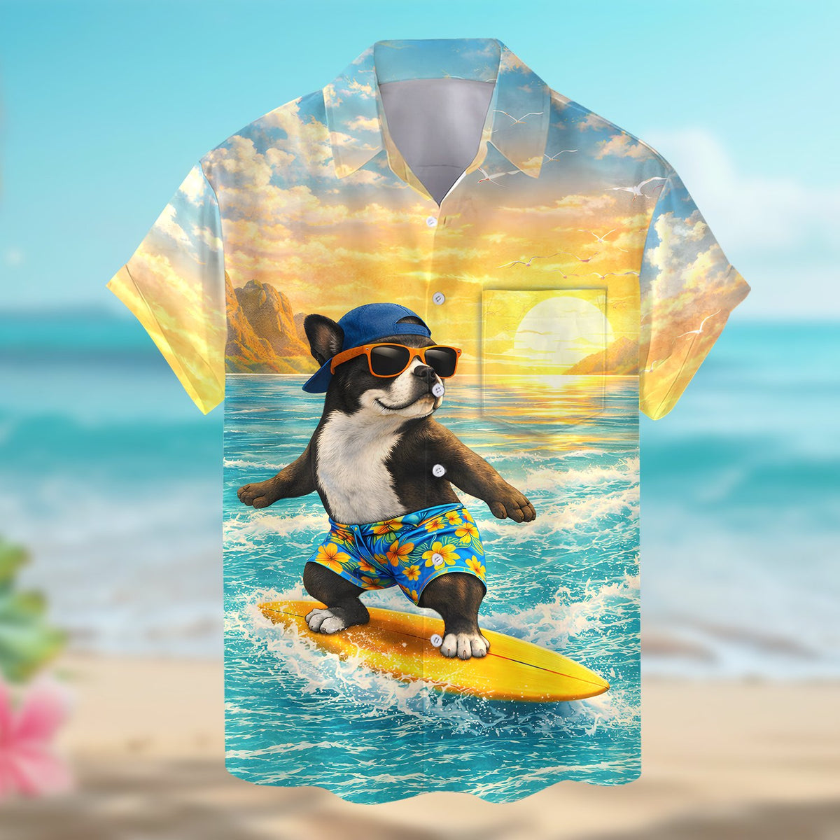 Close-up front view of the dog surfing hawaiian shirt
