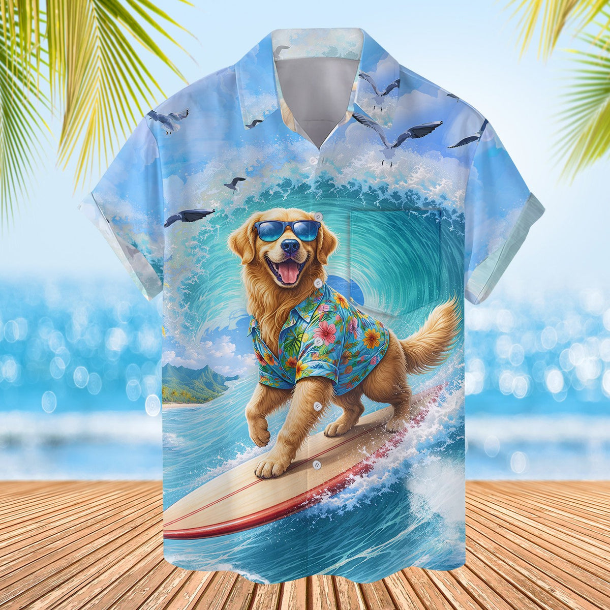 Close-up front view highlighting the floral shirt-wearing golden retriever