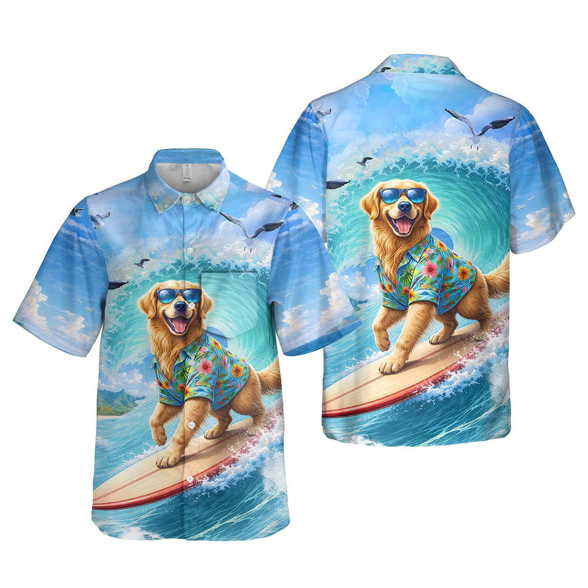 Another front view of the tropical dog surfing Hawaiian shirt