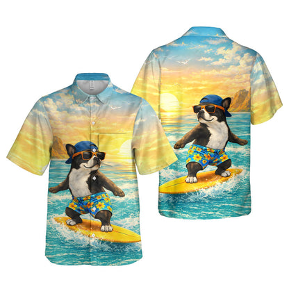 Main view of the matching family hawaiian shirt featuring a surfing dog and ocean sunset