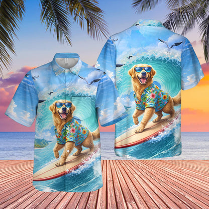 Front view of the matching family Hawaiian shirt with surfing dog design
