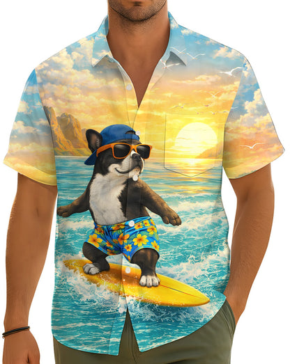 Lifestyle shot of the dog surfing hawaiian shirt in an outdoor setting