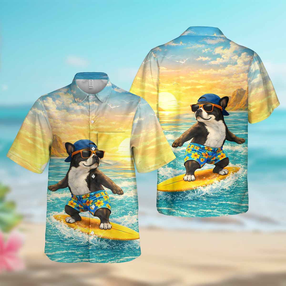 Lifestyle view of someone wearing the matching family hawaiian shirt on a sunny day