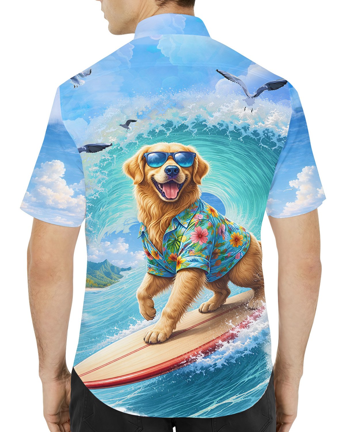 Lifestyle view of a person wearing the surfing golden retriever Hawaiian shirt outdoors