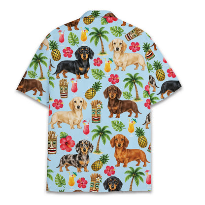 Back view of the matching family Hawaiian shirt with tropical floral and dog design