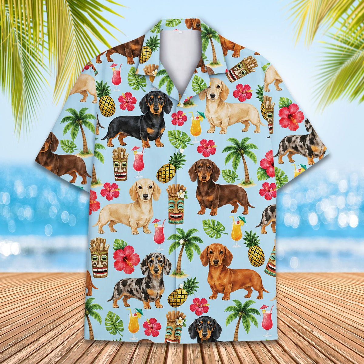 Another front view of the tropical floral dachshund family Hawaiian shirt