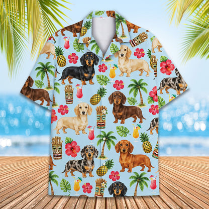 Another front view of the tropical floral dachshund family Hawaiian shirt