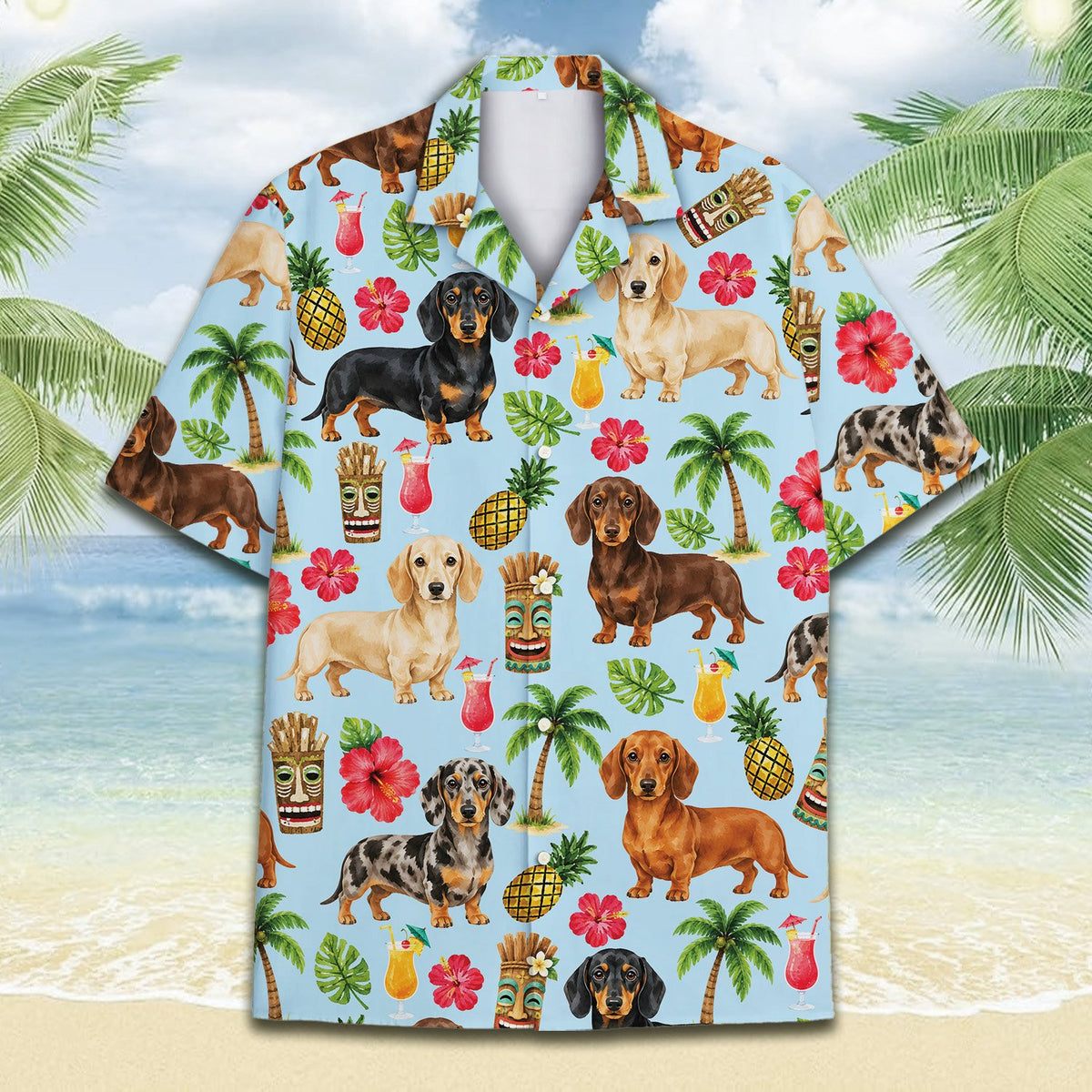 Detailed front view of the matching family Hawaiian shirt showing the dachshund and palm tree pattern
