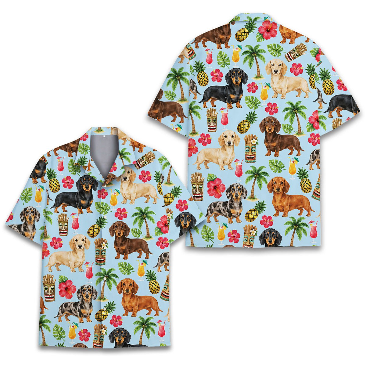 Close up front view of the light blue tropical dachshund Hawaiian shirt
