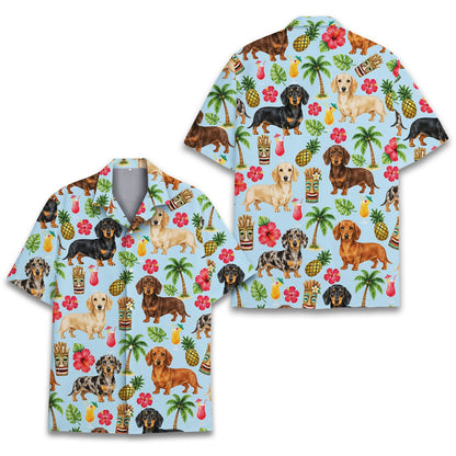 Close up front view of the light blue tropical dachshund Hawaiian shirt