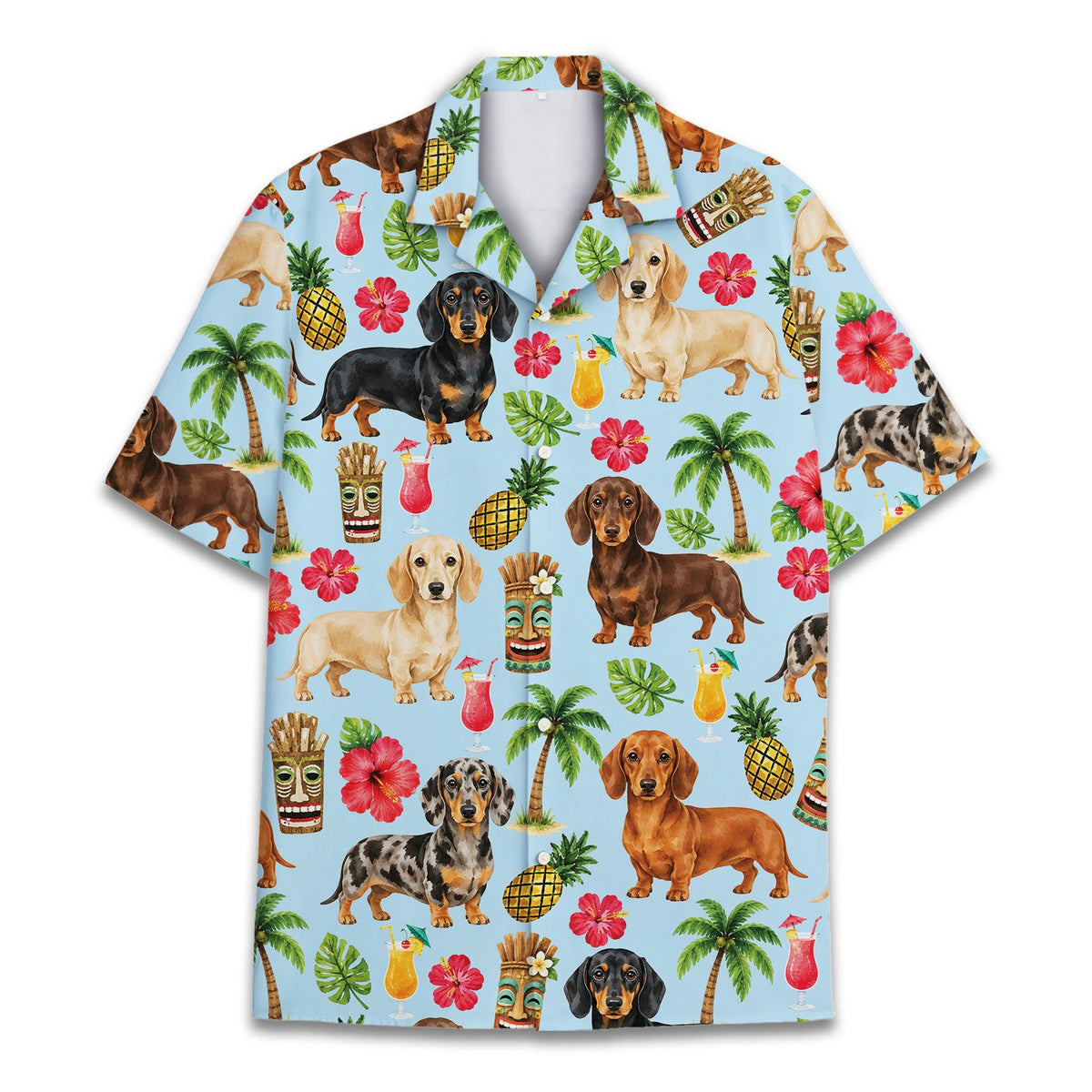 Matching family Hawaiian shirts featuring a dachshund and tropical floral design on a light blue background, main view