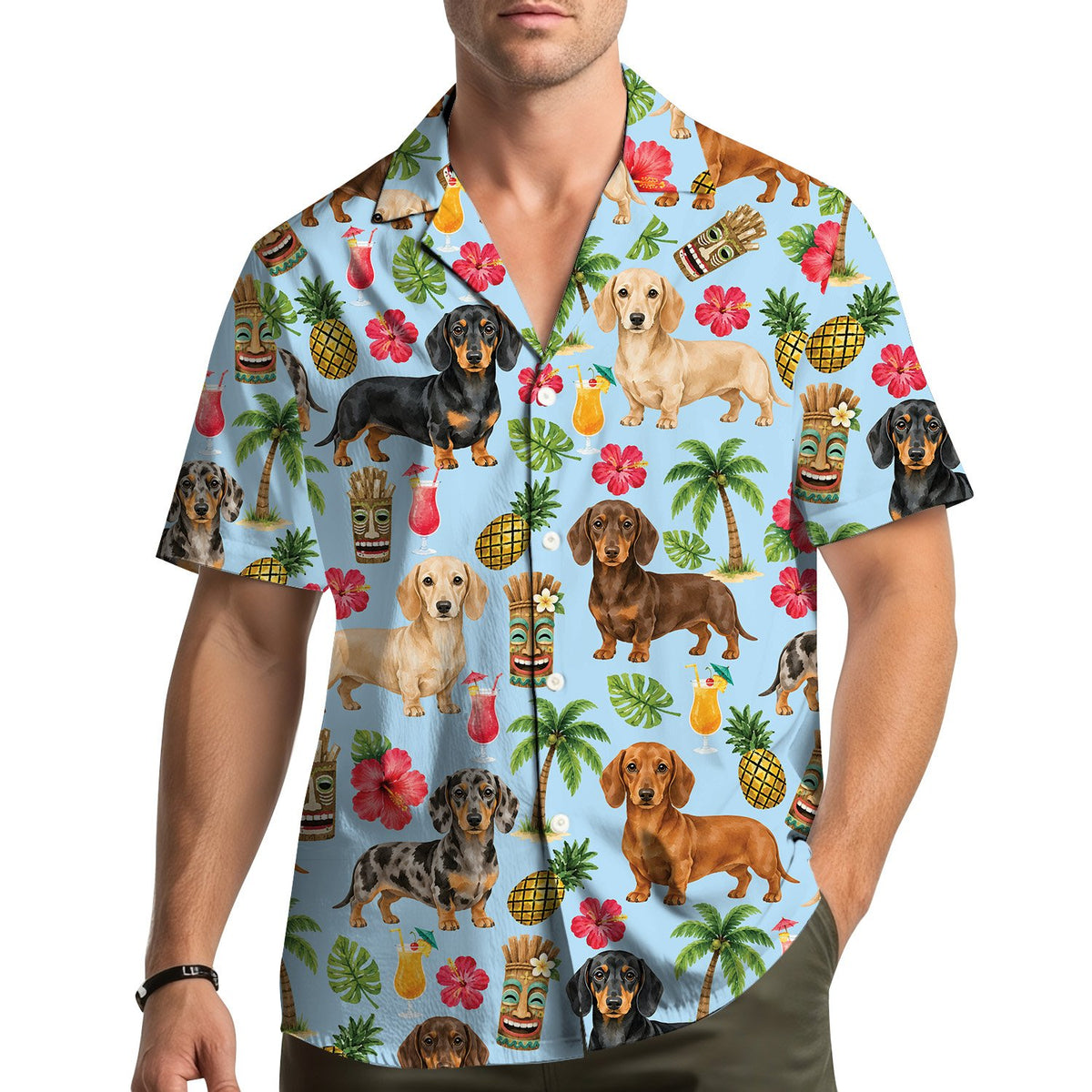 Lifestyle image of people wearing the matching family Hawaiian shirts outdoors