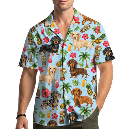 Lifestyle image of people wearing the matching family Hawaiian shirts outdoors