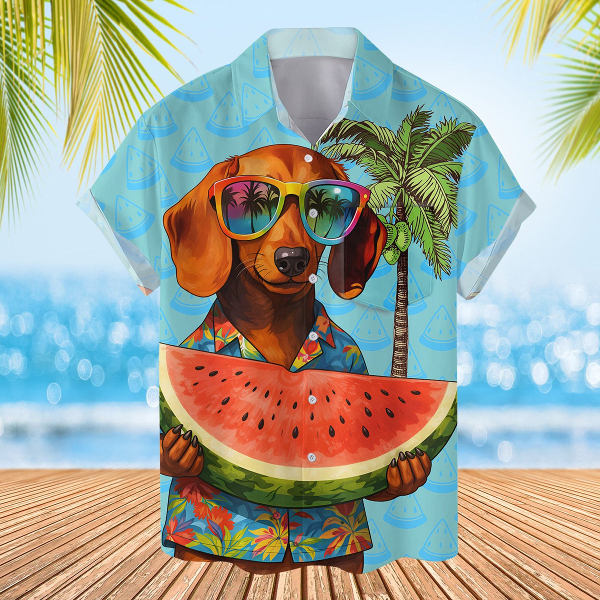 Alternate back view of the light blue matching family hawaiian shirt