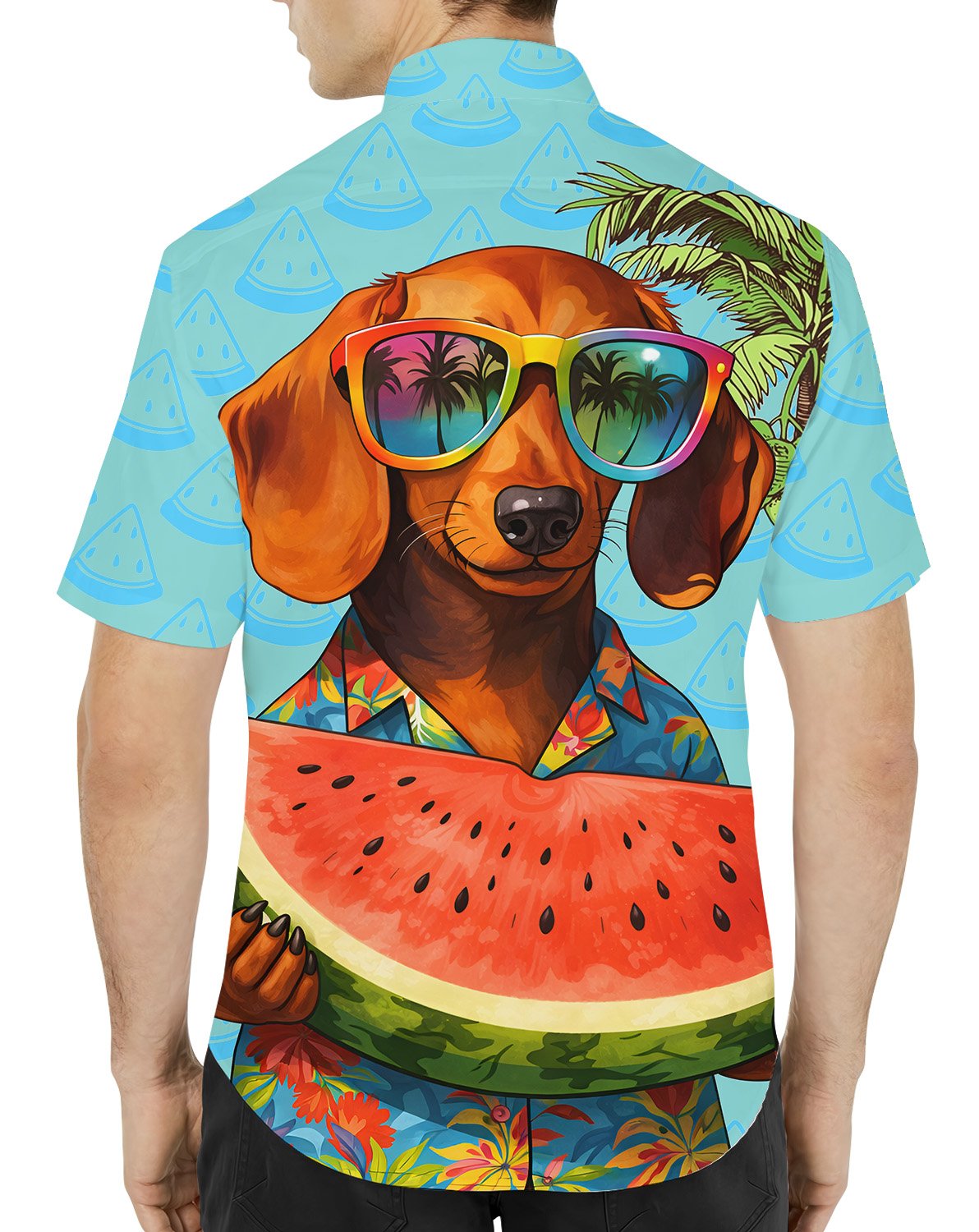 Back view of the dog tropical watermelon hawaiian shirt