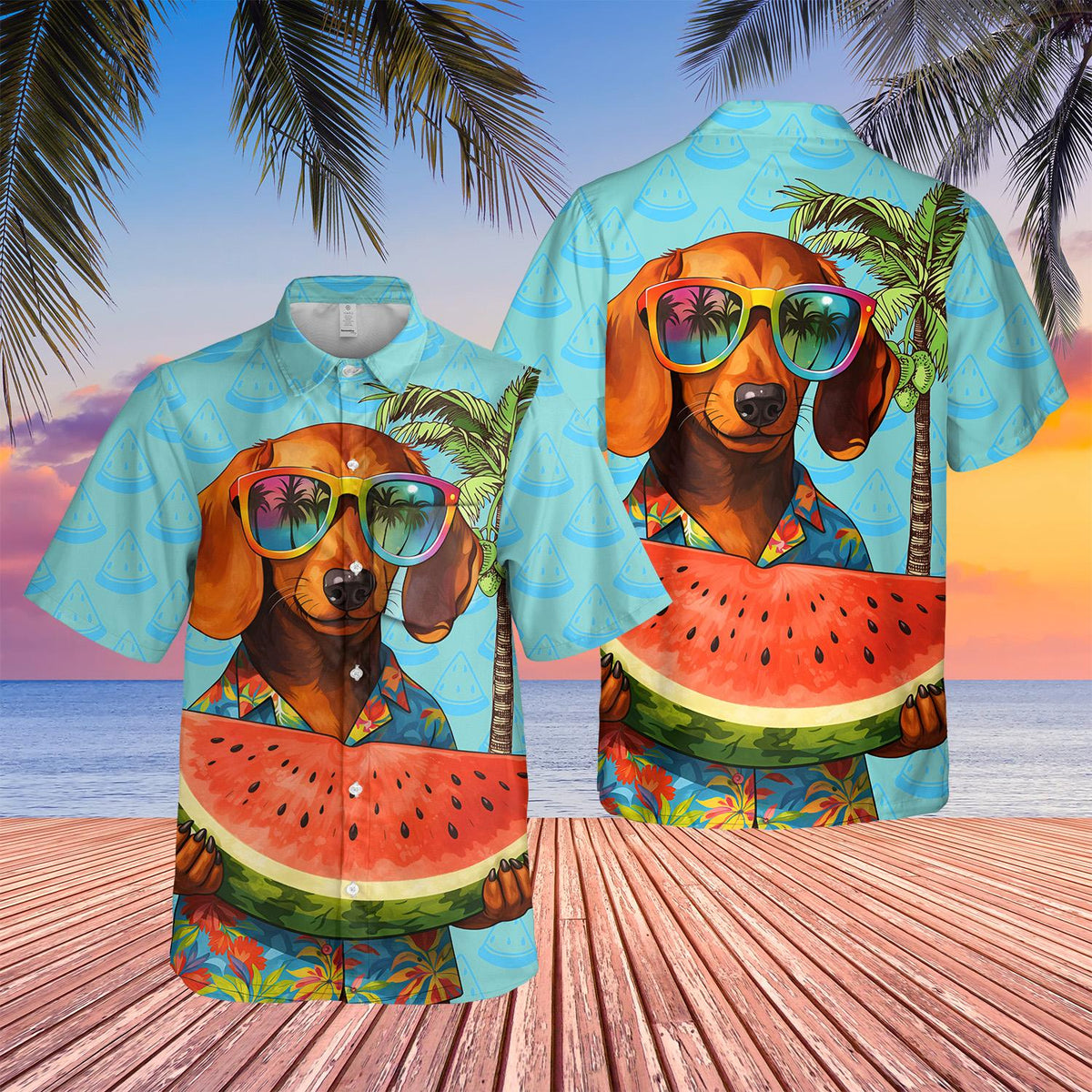 Alternate front view of the dog tropical watermelon hawaiian shirt