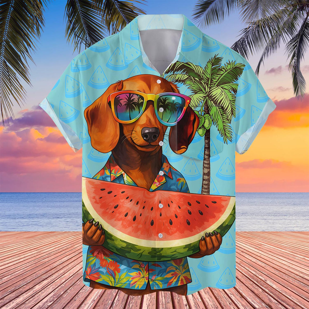 Close up front view of the dachshund hawaiian shirt collar and buttons