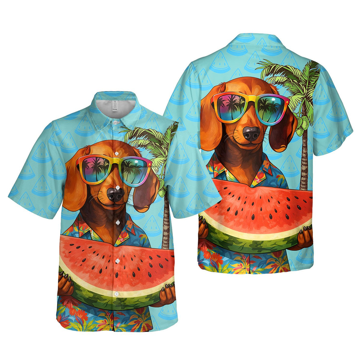 Front view of the light blue matching family hawaiian shirt with dog and watermelon pattern