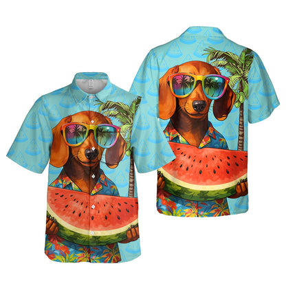 Main view of the tropical hawaiian shirt with dachshund and watermelon design