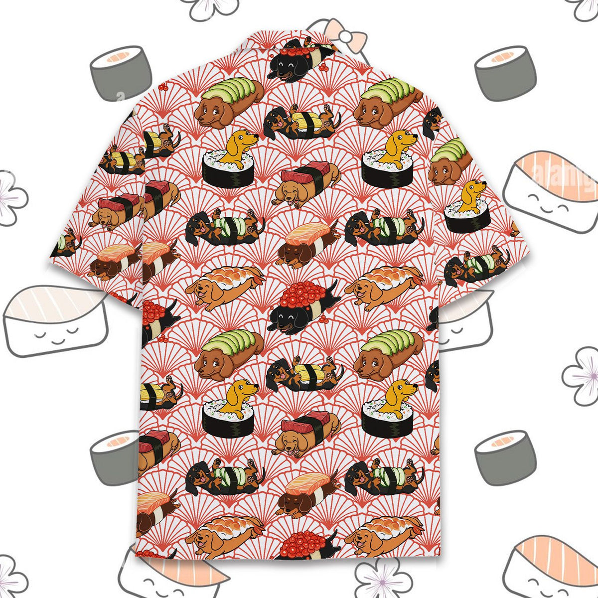 Detailed back view of the dogs and sushi hawaiian shirt