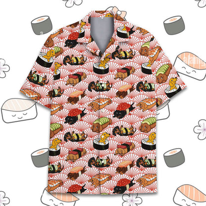 Front view of the sushi hawaiian shirt with dachshunds