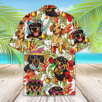 Detailed back view of the dachshund print tropical hawaiian shirt