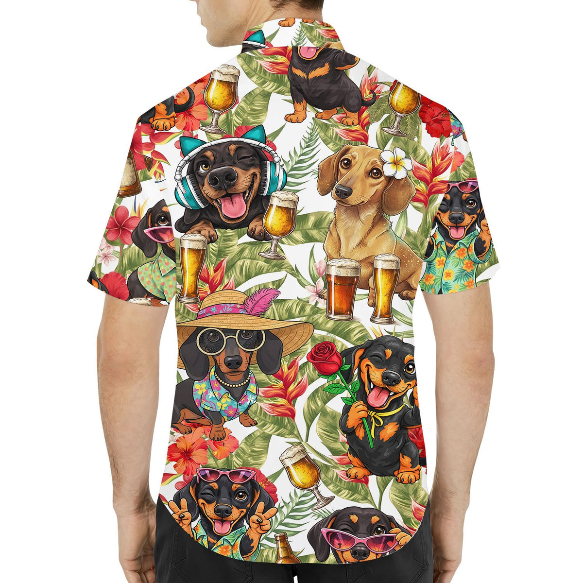 Back view of the dogs and tropical hawaiian shirt