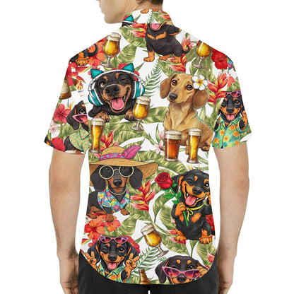 Back view of the dogs and tropical hawaiian shirt