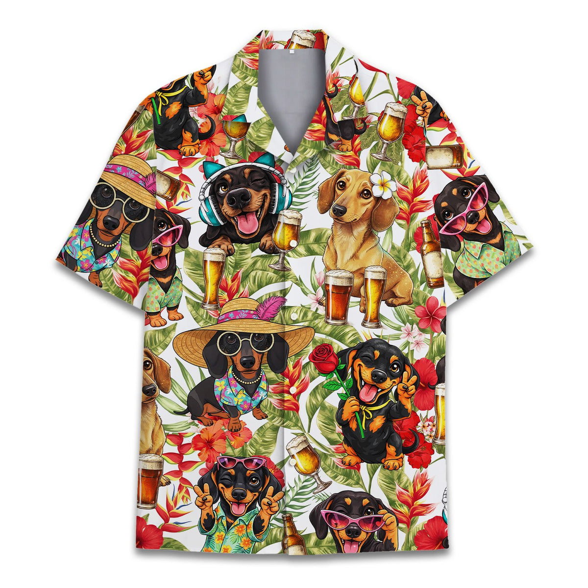 Front view of the matching family hawaiian shirt with dachshund pattern