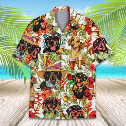 Detailed front view of the tropical dachshund hawaiian shirt