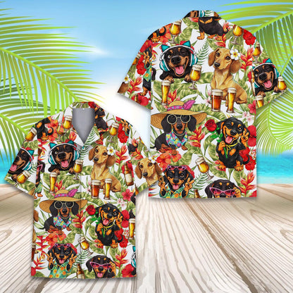 Close up front view of the dogs and tropical hawaiian shirt