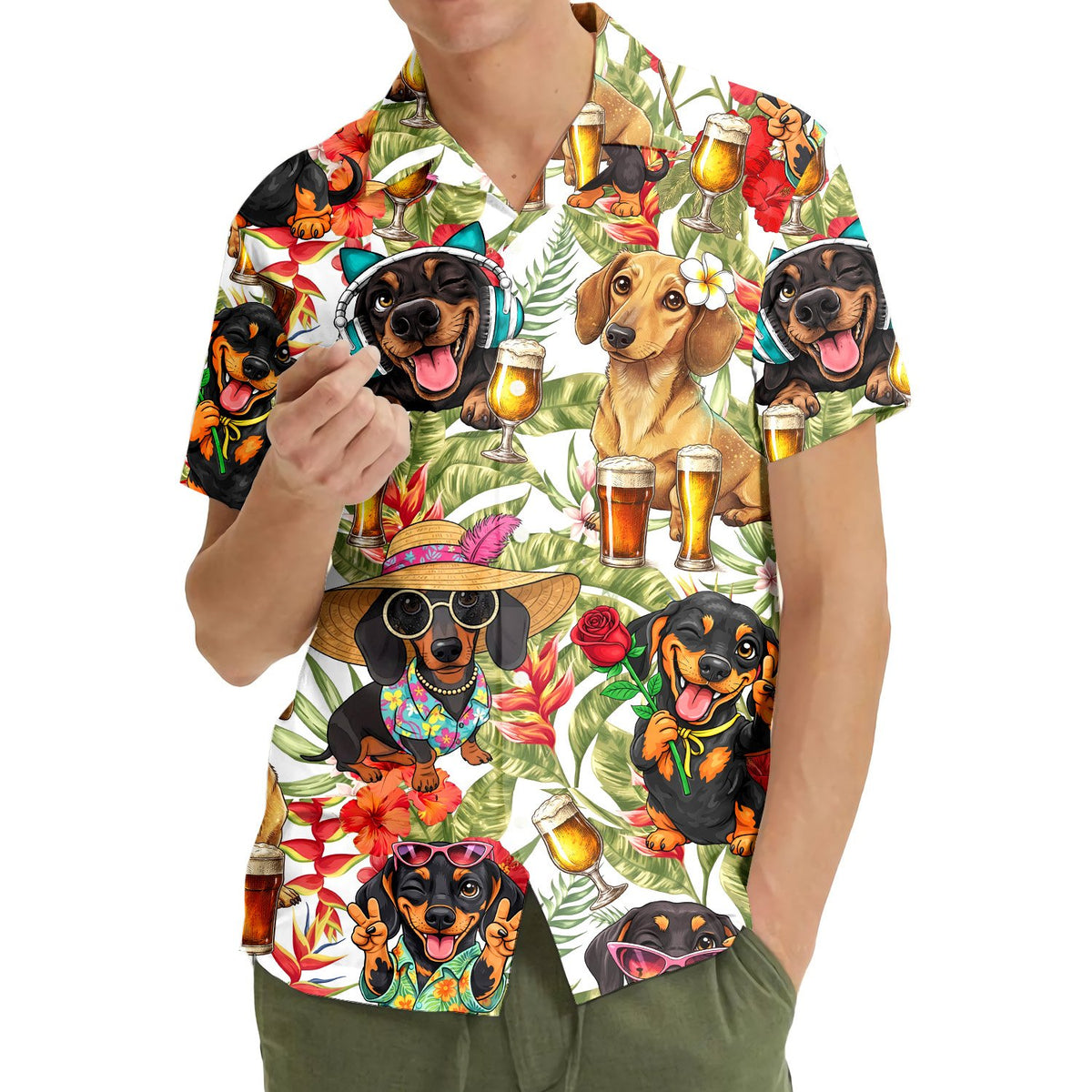Front view of the dogs and tropical hawaiian shirt with hibiscus flowers