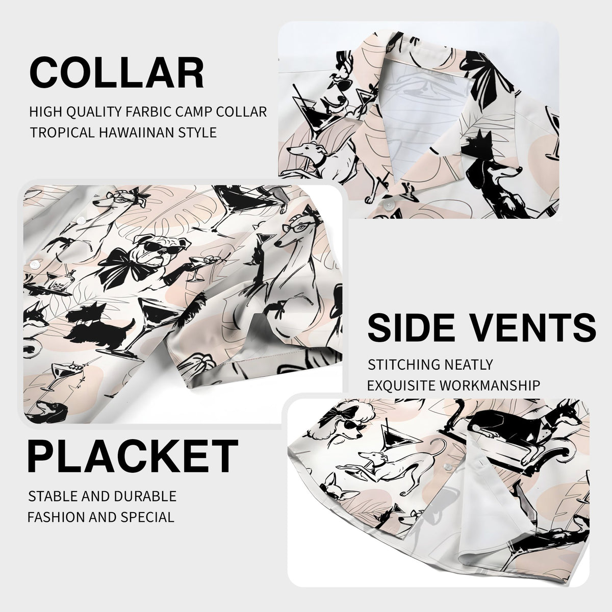 Close-up detail of the black and white dog illustrations on the pink polyester fabric