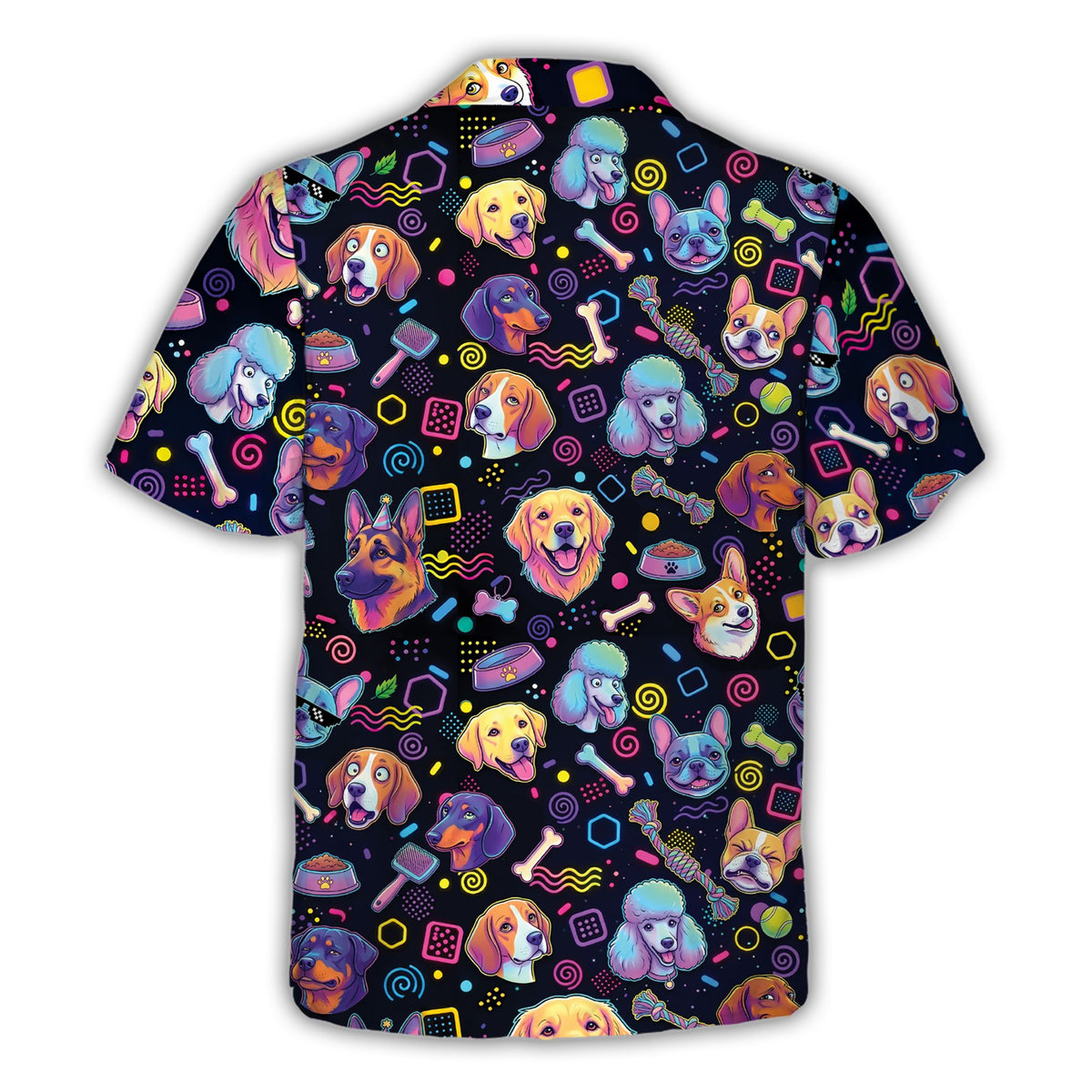 Back view of the vibrant matching family hawaiian shirt with 80s dog pattern