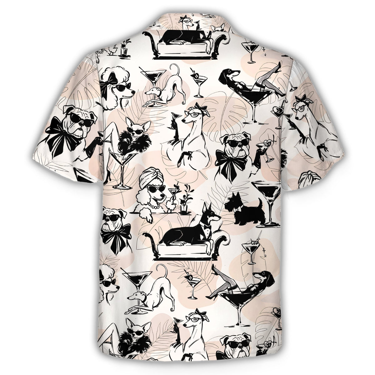 Back view of the light pink hawaiian shirt displaying the abstract dog pattern