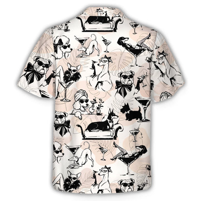 Back view of the light pink hawaiian shirt displaying the abstract dog pattern