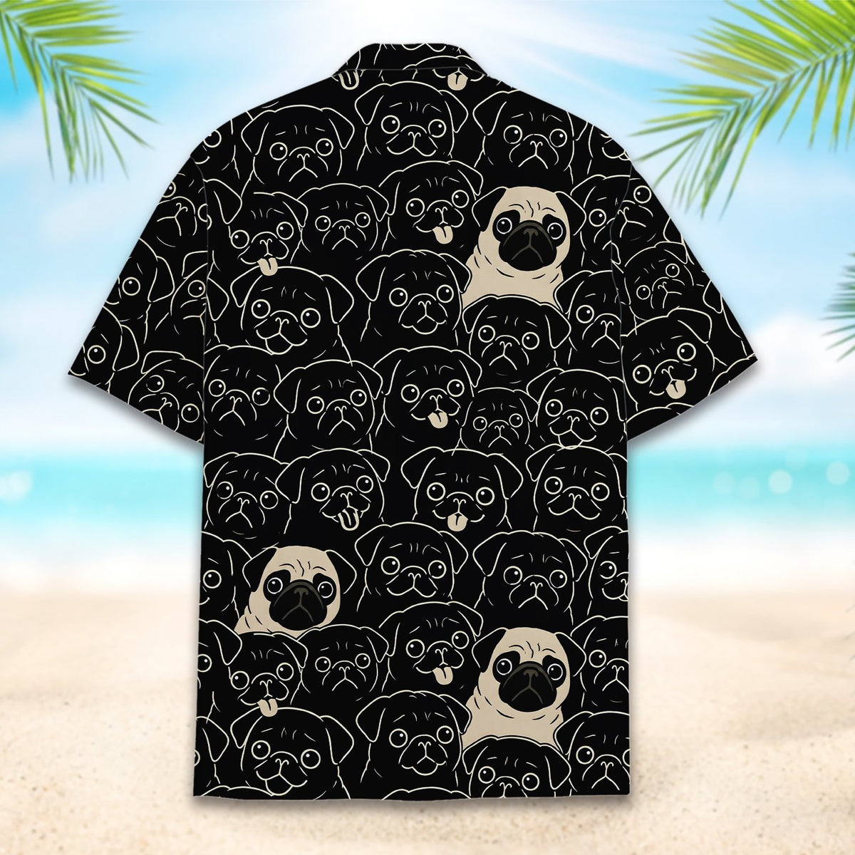 Alternative back view of the pug pattern hawaiian shirt