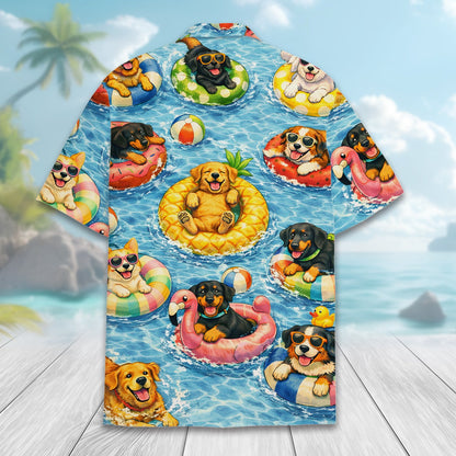 Additional back view of the dogs on pool floats hawaiian shirt